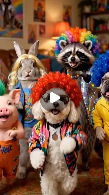 Six pets in wigs doing the Toc Toc dance